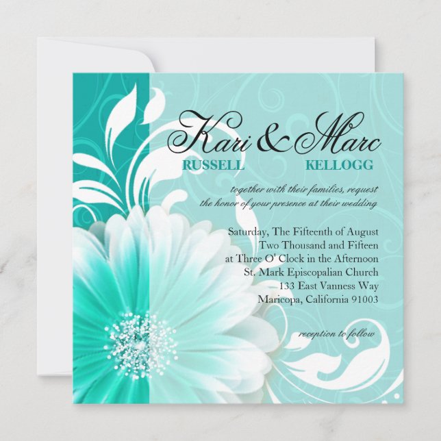 Elegant Daisy Scroll Flourish | turquoise Invitation (Front)