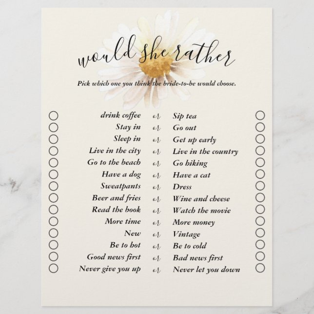 Elegant Daisy Two Sided Bingo Bridal Shower Games (Front)