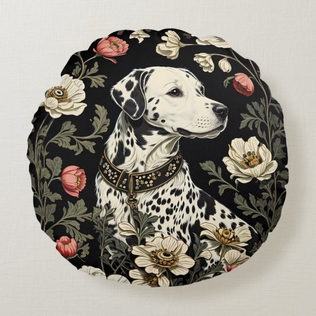 Elegant Dalmatian William Morris Inspired Round Pillow (Front)