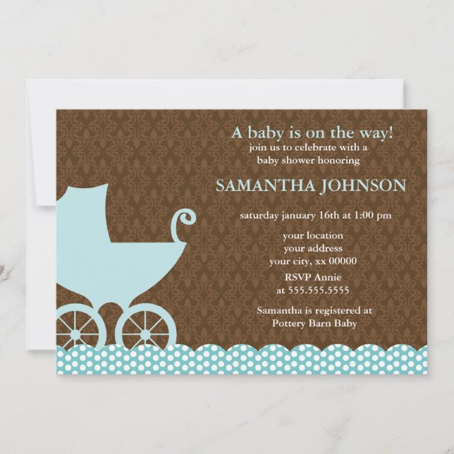 Elegant Damask and Baby Carriage Invitations (Front)