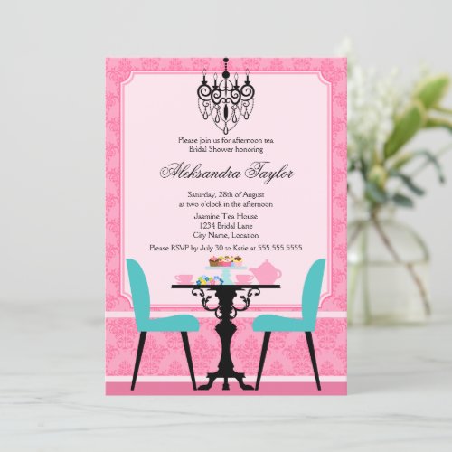 Elegant Damask and Chandelier Pink Aqua Tea Party Personalized Invites