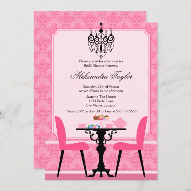 Elegant Damask and Chandelier Tea Party Invitation (Front/Back)