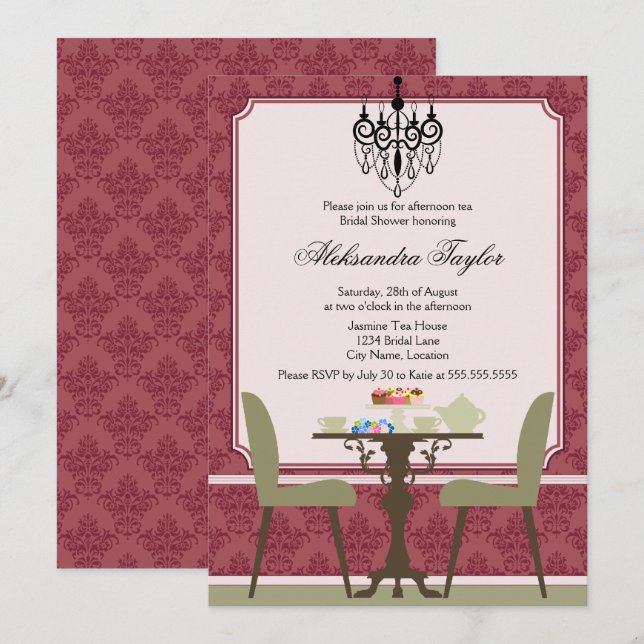Elegant Damask and Chandelier Tea Party Invitation (Front/Back)
