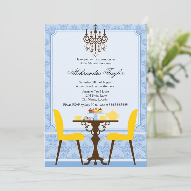 Elegant Damask and Chandelier Tea Party Invitation (Standing Front)