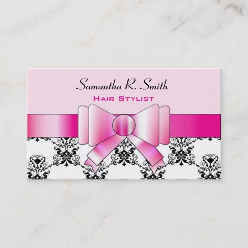 Customizable Elegant Damask and Pink Bow Professional Stylish Business Cards