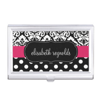 Elegant Damask and Polka Dots (Pink) Business Card Holder