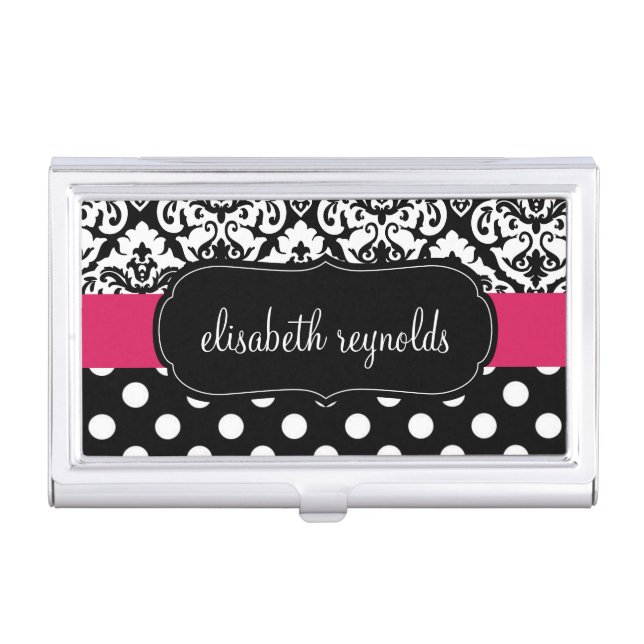 Elegant Damask and Polka Dots (Pink) Business Card Holder (Front)