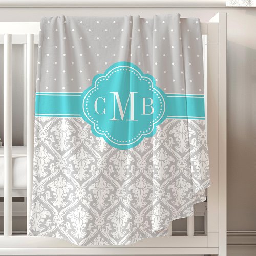 Elegant Damask And Polka Dots Unisex Monogrammed Baby Blanket