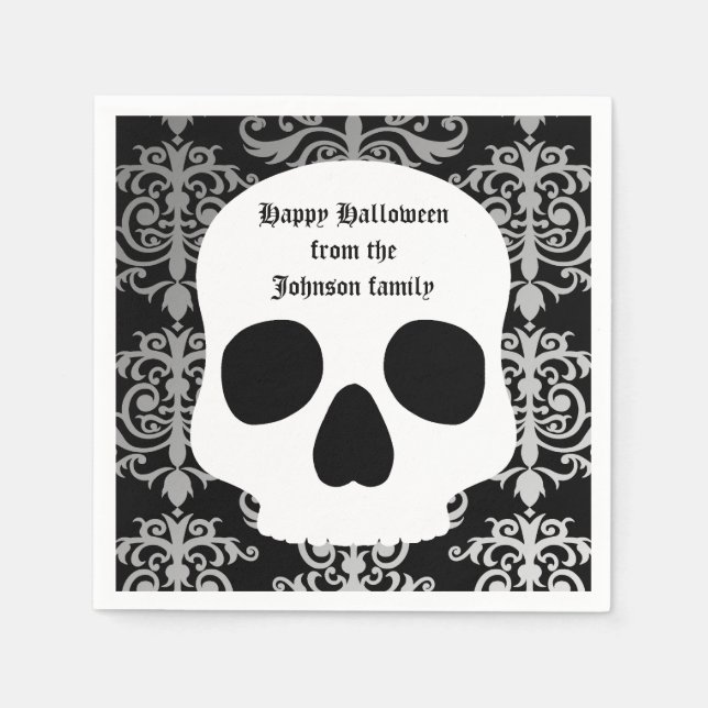 Elegant damask and skull Halloween personalized Napkins (Front)