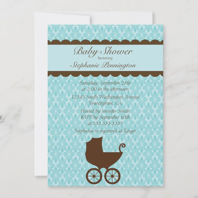 Elegant damask baby carriage shower invitation (Front)