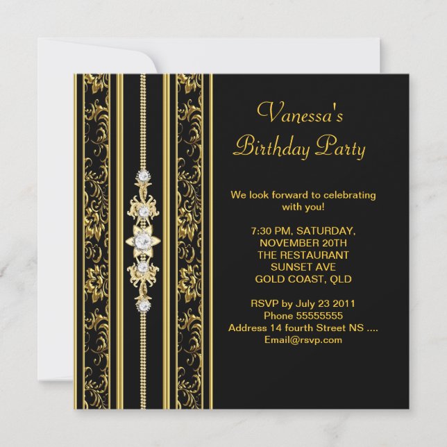 Elegant Damask Birthday Party Gold Black Invitation (Front)