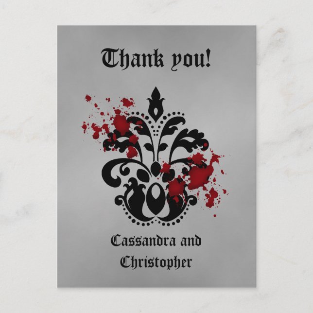 Elegant damask black and gray thank you postcard (Front)