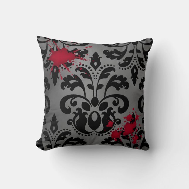 Elegant damask black and gray with blood Halloween Throw Pillow (Front)