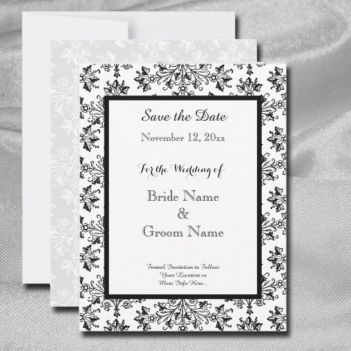 Elegant Damask Black White Custom Save the Date Invitation