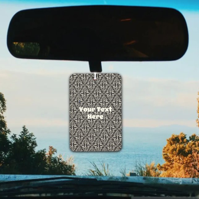 Elegant Damask Black White Pattern Scrolls Air Freshener (Elegant black white damask pattern with fancy scrolls on car air freshener.)