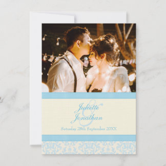 Elegant damask blue & cream wedding invitation