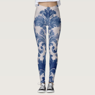 Elegant damask Blue toile de jouy Leggings
