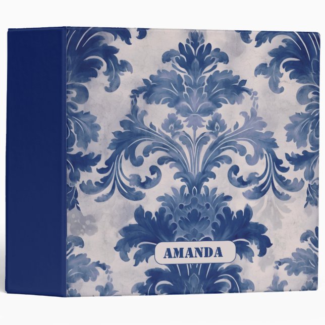 Elegant damask Blue toile de jouy monogram 3 Ring Binder (Front/Spine)