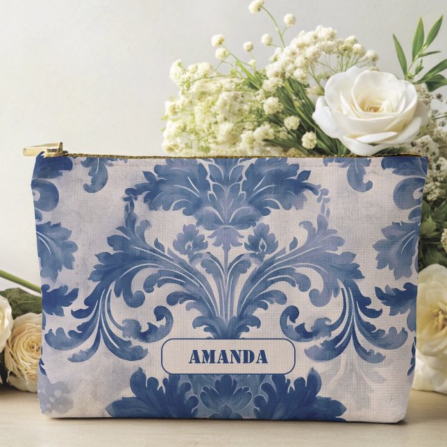 Elegant damask Blue toile de jouy monogram Accessory Pouch (Creator Uploaded)