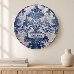 Elegant damask Blue toile de jouy monogram Dart Board