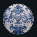 Elegant damask Blue toile de jouy monogram Dart Board<br><div class="desc">Elegant vintage Blue toile de jouy monogram Dartboards. Beautiful seamless toile de jouy pattern Blue on white background.Toile prints are an all time rage at the moment, this is an elegant and ornate vintage toile de jouy featuring exotic damask pattern, a fun style that is currently trending for home decor,...</div>