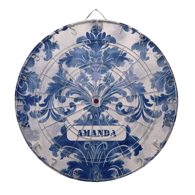 Elegant damask Blue toile de jouy monogram Dart Board (Front)