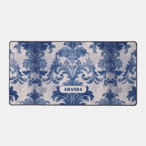 Elegant damask Blue toile de jouy monogram Desk Mat