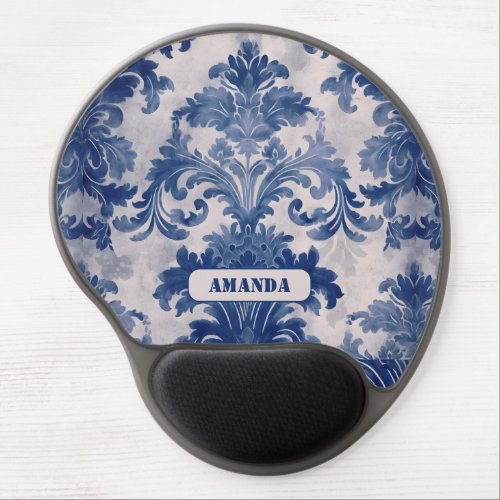 Elegant damask Blue toile de jouy monogram Gel Mouse Pad