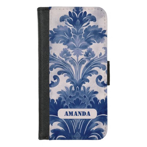 Elegant damask Blue toile de jouy monogram iPhone 87 Wallet Case