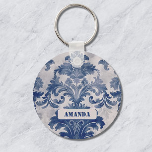 Elegant damask Blue toile de jouy monogram Keychain