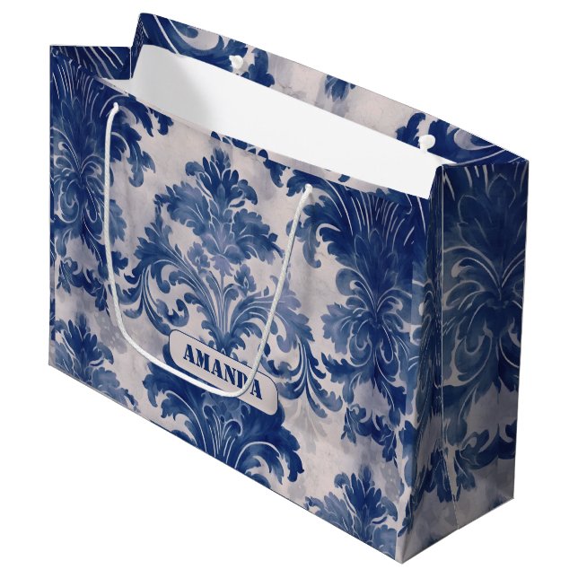 Elegant damask Blue toile de jouy monogram Large Gift Bag (Front Angled)