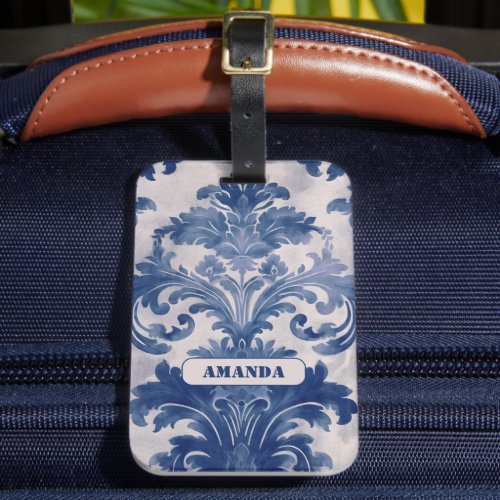 Elegant damask Blue toile de jouy monogram Luggage Tag