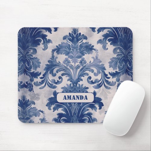 Elegant damask Blue toile de jouy monogram Mouse Pad