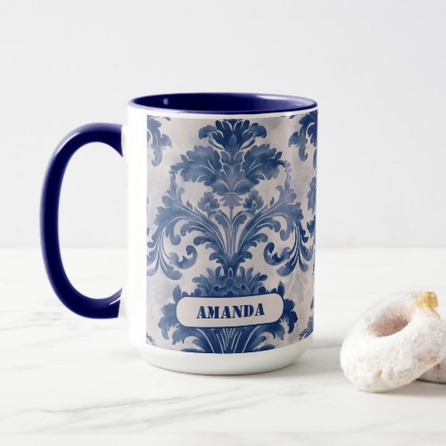 Elegant damask Blue toile de jouy monogram Mug