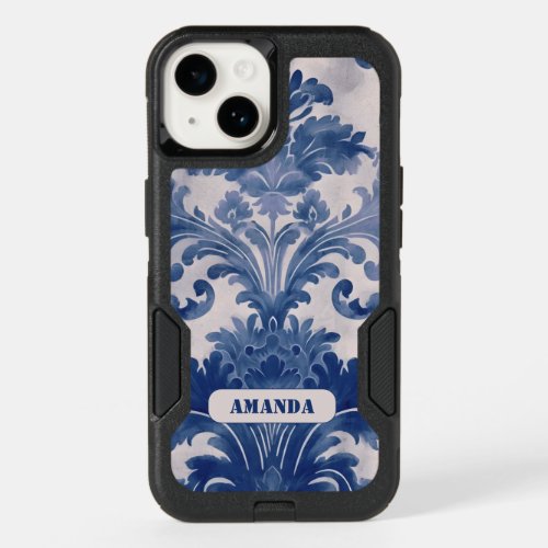 Elegant damask Blue toile de jouy monogram OtterBox iPhone 14 Case