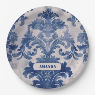 Elegant damask Blue toile de jouy monogram Paper Plates