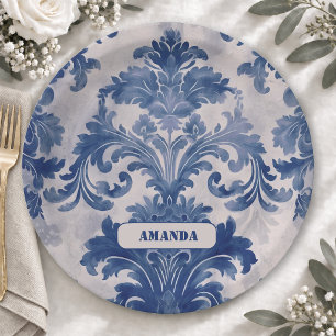 Elegant damask Blue toile de jouy monogram Paper Plates