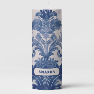 Elegant damask Blue toile de jouy monogram Pillar Candle