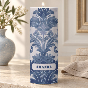 Elegant damask Blue toile de jouy monogram Pillar Candle
