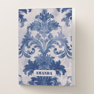 Elegant damask Blue toile de jouy monogram Pocket Folder