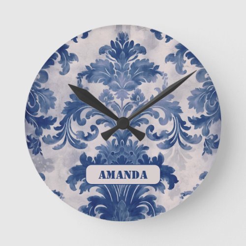 Elegant damask Blue toile de jouy monogram Round Clock