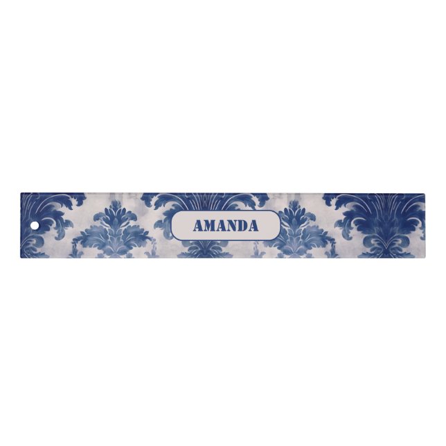 Elegant damask Blue toile de jouy monogram Ruler (Front)