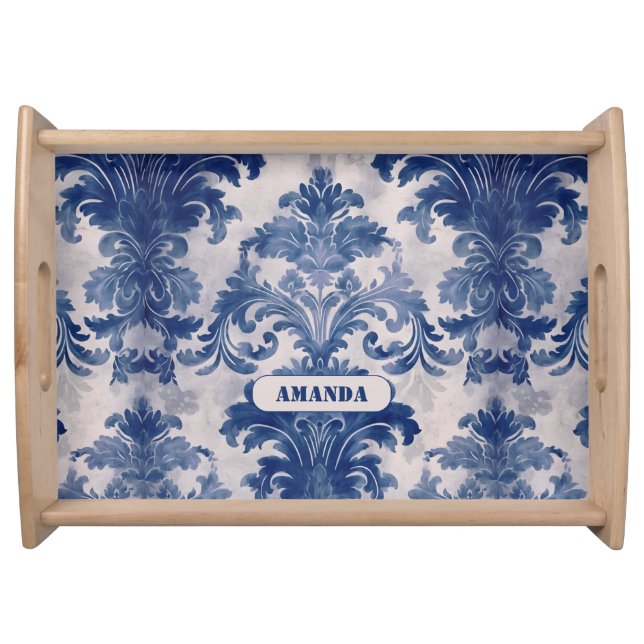 Elegant damask Blue toile de jouy monogram Serving Tray (Front)