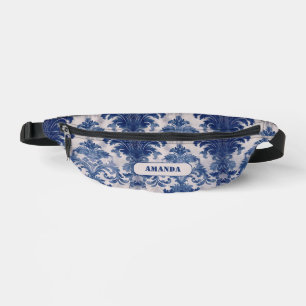 Elegant damask Blue toile de jouy monogram Sling B Fanny Pack
