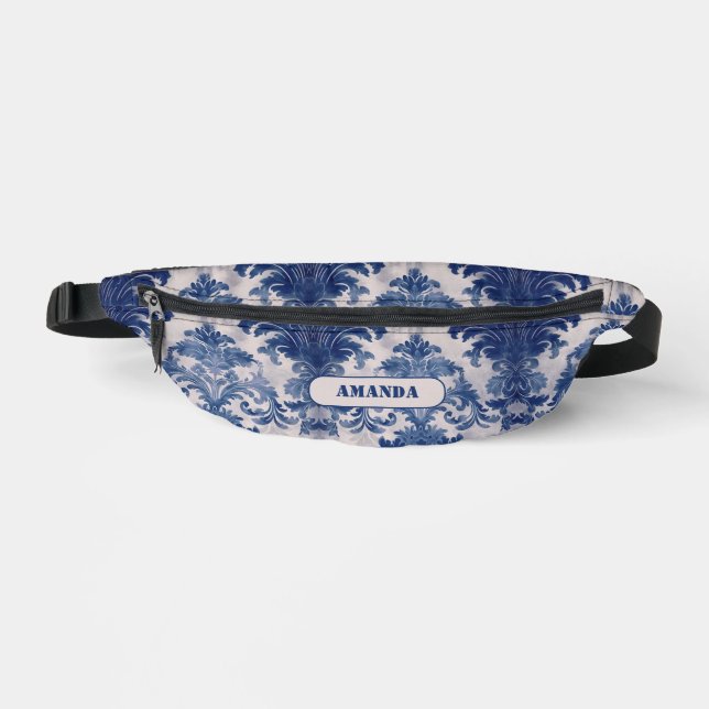 Elegant damask Blue toile de jouy monogram Sling B Fanny Pack (Front)
