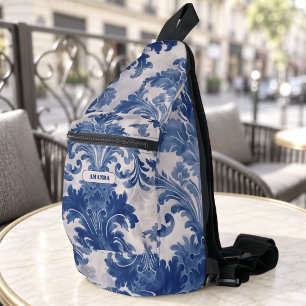 Elegant damask Blue toile de jouy monogram Sling Bag