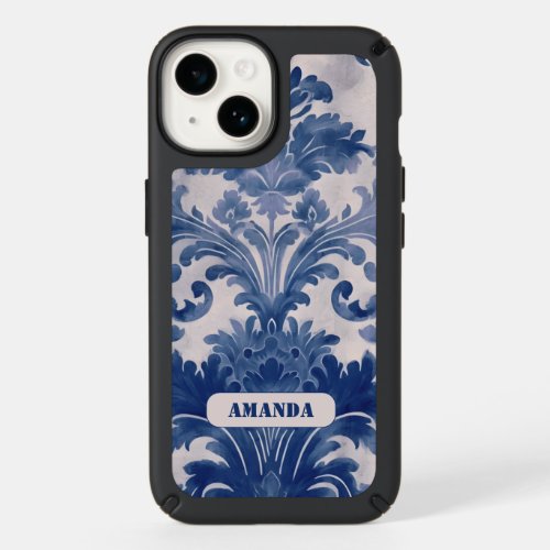 Elegant damask Blue toile de jouy monogram Speck iPhone 14 Case