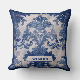 Elegant damask Blue toile de jouy monogram Throw Pillow