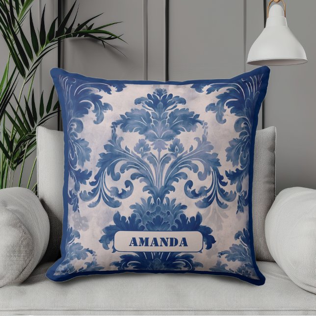 Elegant damask Blue toile de jouy monogram Throw Pillow (Creator Uploaded)