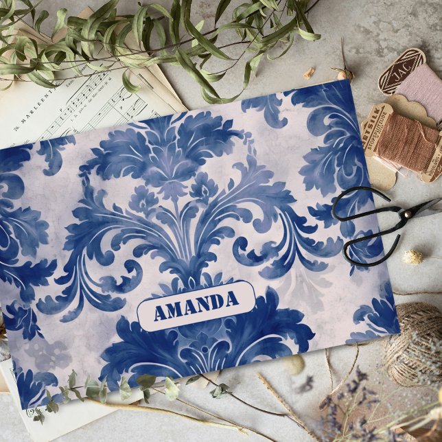 Elegant damask Blue toile de jouy monogram Tissue Paper (Creator Uploaded)